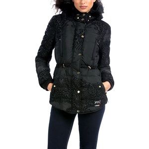 Desigual Embossed Faux Fur Trim Hooded Puffer Coat Sz 40 (8/M)